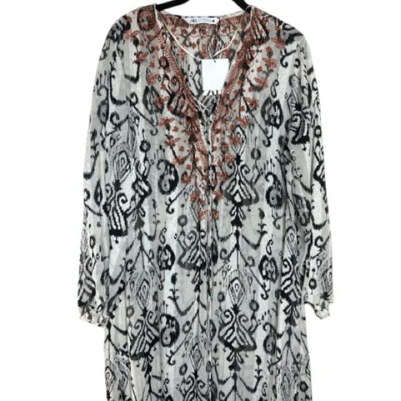 Zara Embroidered Ikat Print Midi Caftan Dress Small NWT